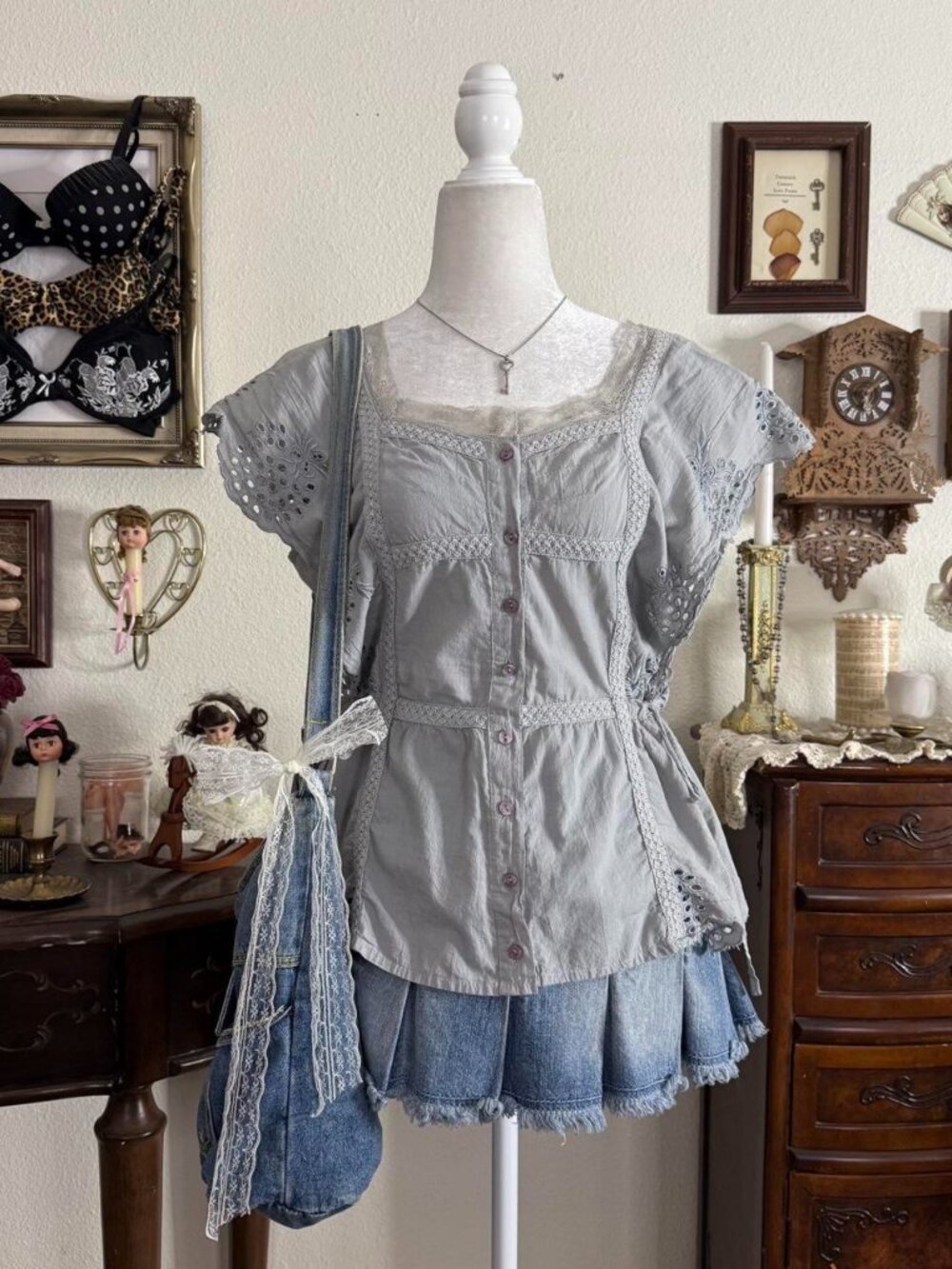 Y2k boho whimsical fairy grunge embroidered button down blouse w lace trim